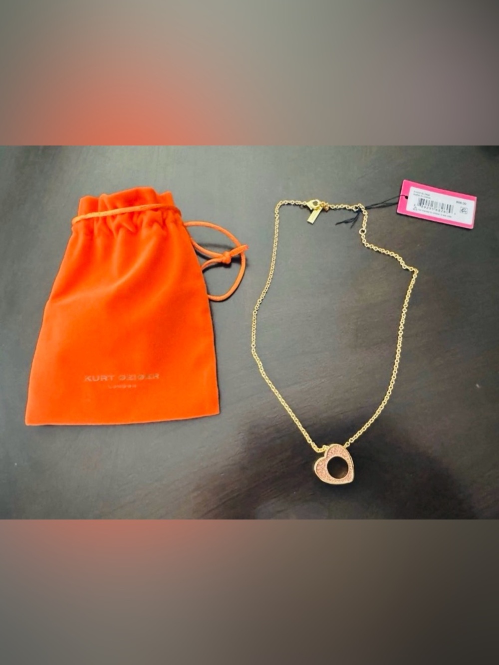 Kurt Geiger Pink Pave’ Heart
Pendant Necklace - Gold-Tone,
New with Pouch